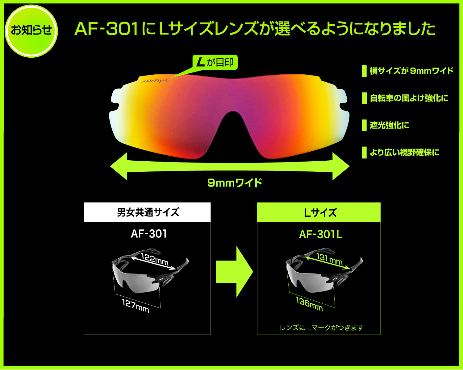 AF-301 Lサイズレンズ エアフライ AirFly スポーツサングラス  鯖江  鼻パッドのないスポーツアイウェア  紫外線UVカット　デザイン　軽量　軽い